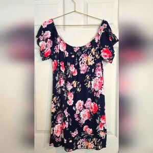 Charlotte Russe Off The Shoulder Short Sleeve Blue Floral Swing Mini Dress